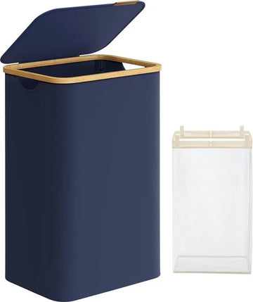 FurnStar - Wasmand met deksel - wasverzamelaar 90 l - uitneembare waszak - Oxford-weefsel - handgrepen van bamboe - inklapbaar - 42 x 32 x 70,5 cm - Antracietblauw