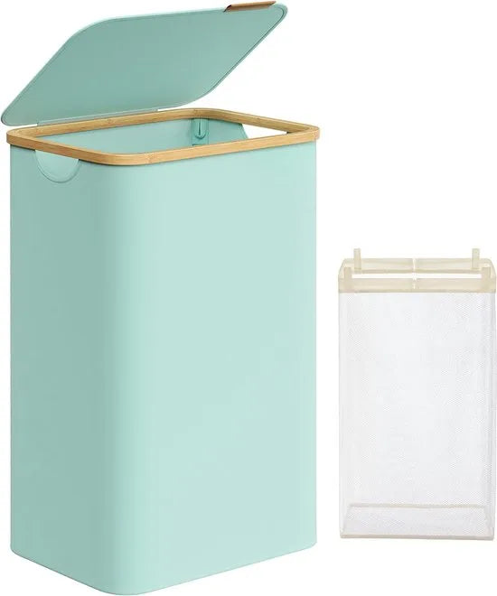 FurnStar - Wasmand met deksel - wasverzamelaar 90 l - uitneembare waszak - Oxford-weefsel - handgrepen van bamboe - inklapbaar - 42 x 32 x 70,5 cm - Mintgroen