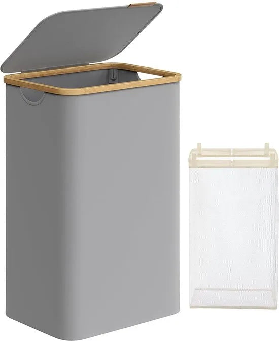 FurnStar - Wasmand met deksel - wasverzamelaar 90 l - uitneembare waszak - Oxford-weefsel - handgrepen van bamboe - inklapbaar - 42 x 32 x 70,5 cm - duifgrijs