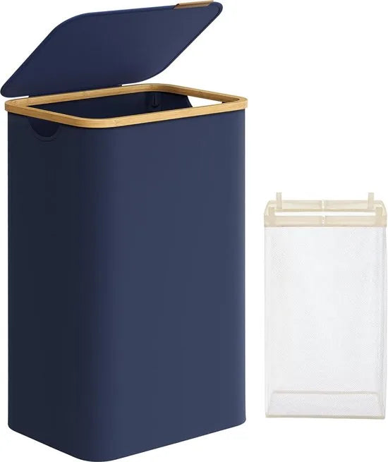 FurnStar - Wasmand met deksel - wasverzamelaar 90 l - uitneembare waszak - Oxford-weefsel - handgrepen van bamboe - inklapbaar - 42 x 32 x 70,5 cm - camelbruin – Antracietblauw