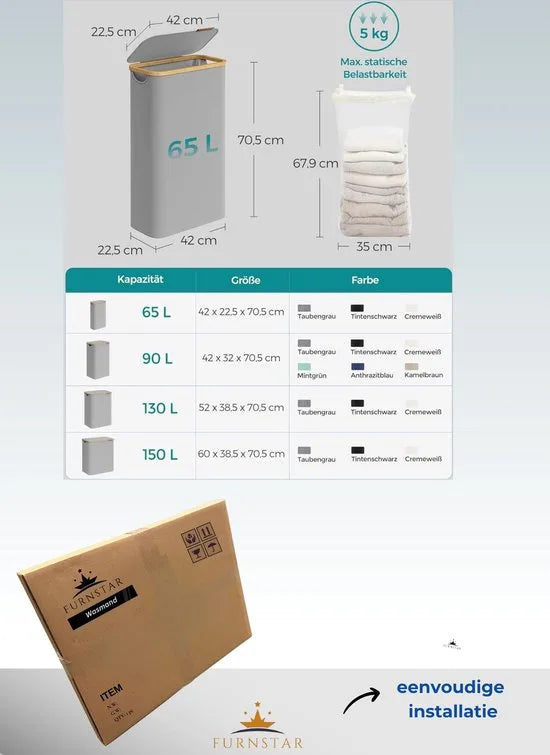 FurnStar - Wasmand met deksel - wasverzamelaar 90 l - uitneembare waszak - Oxford-weefsel - handgrepen van bamboe - inklapbaar - 42 x 32 x 70,5 cm - duifgrijs