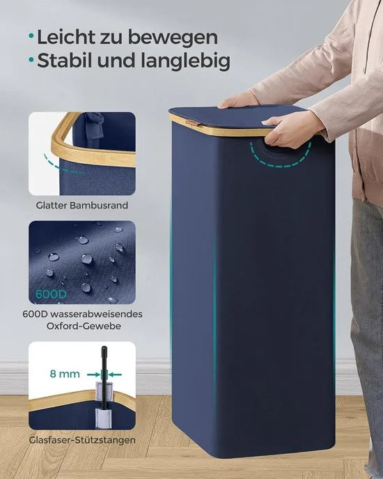 FurnStar - Wasmand met deksel - wasverzamelaar 90 l - uitneembare waszak - Oxford-weefsel - handgrepen van bamboe - inklapbaar - 42 x 32 x 70,5 cm - Antracietblauw