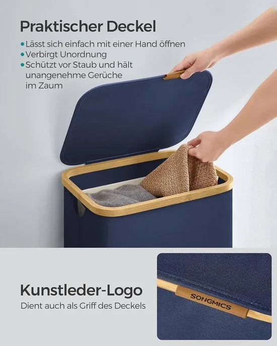 FurnStar - Wasmand met deksel - wasverzamelaar 90 l - uitneembare waszak - Oxford-weefsel - handgrepen van bamboe - inklapbaar - 42 x 32 x 70,5 cm - Antracietblauw