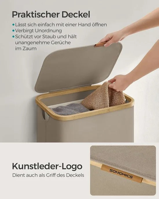 FurnStar - Wasmand met deksel - wasverzamelaar 90 l - uitneembare waszak - Oxford-weefsel - handgrepen van bamboe - inklapbaar - 42 x 32 x 70,5 cm - camelbruin