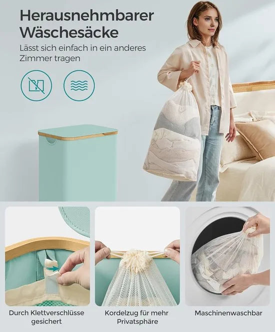 FurnStar - Wasmand met deksel - wasverzamelaar 90 l - uitneembare waszak - Oxford-weefsel - handgrepen van bamboe - inklapbaar - 42 x 32 x 70,5 cm - Mintgroen