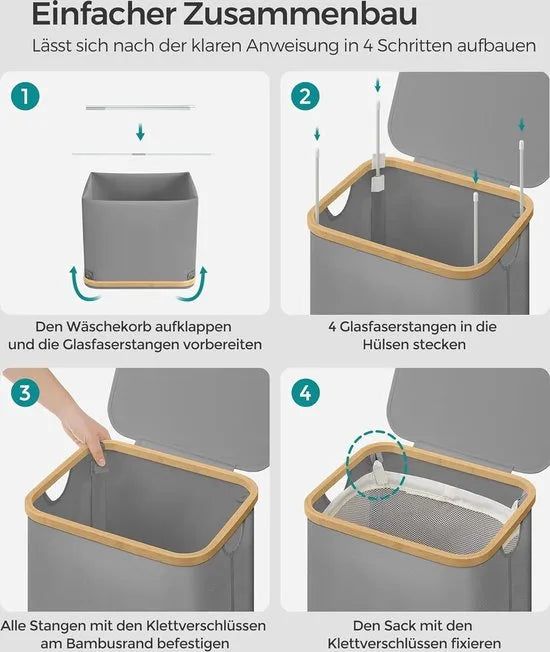 FurnStar - Wasmand met deksel - wasverzamelaar 90 l - uitneembare waszak - Oxford-weefsel - handgrepen van bamboe - inklapbaar - 42 x 32 x 70,5 cm - duifgrijs
