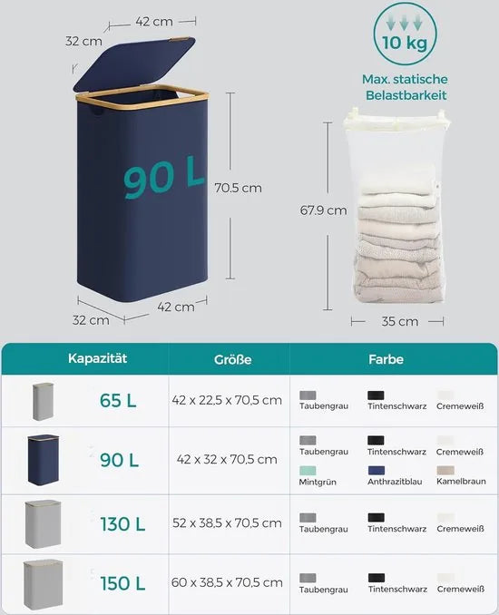 FurnStar - Wasmand met deksel - wasverzamelaar 90 l - uitneembare waszak - Oxford-weefsel - handgrepen van bamboe - inklapbaar - 42 x 32 x 70,5 cm - Antracietblauw