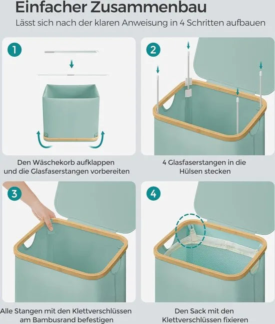 FurnStar - Wasmand met deksel - wasverzamelaar 90 l - uitneembare waszak - Oxford-weefsel - handgrepen van bamboe - inklapbaar - 42 x 32 x 70,5 cm - Mintgroen