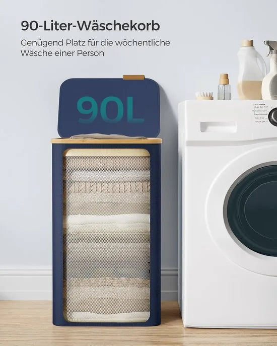 FurnStar - Wasmand met deksel - wasverzamelaar 90 l - uitneembare waszak - Oxford-weefsel - handgrepen van bamboe - inklapbaar - 42 x 32 x 70,5 cm - Antracietblauw