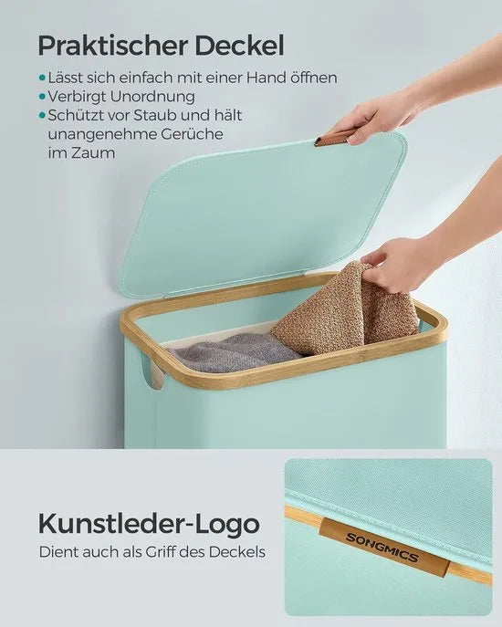 FurnStar - Wasmand met deksel - wasverzamelaar 90 l - uitneembare waszak - Oxford-weefsel - handgrepen van bamboe - inklapbaar - 42 x 32 x 70,5 cm - Mintgroen