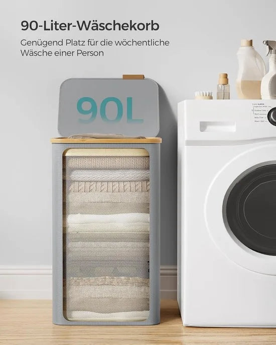 FurnStar - Wasmand met deksel - wasverzamelaar 90 l - uitneembare waszak - Oxford-weefsel - handgrepen van bamboe - inklapbaar - 42 x 32 x 70,5 cm - duifgrijs
