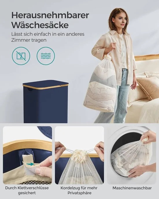 FurnStar - Wasmand met deksel - wasverzamelaar 90 l - uitneembare waszak - Oxford-weefsel - handgrepen van bamboe - inklapbaar - 42 x 32 x 70,5 cm - Antracietblauw