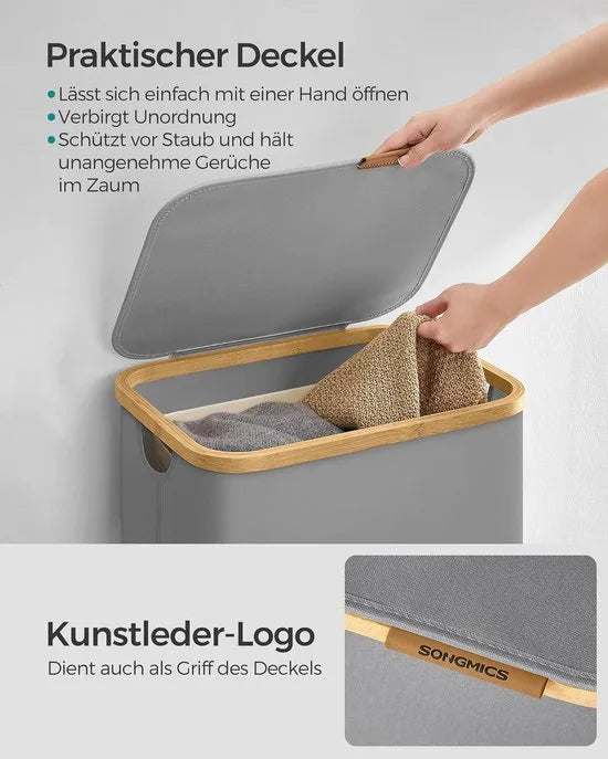 FurnStar - Wasmand met deksel - wasverzamelaar 90 l - uitneembare waszak - Oxford-weefsel - handgrepen van bamboe - inklapbaar - 42 x 32 x 70,5 cm - duifgrijs