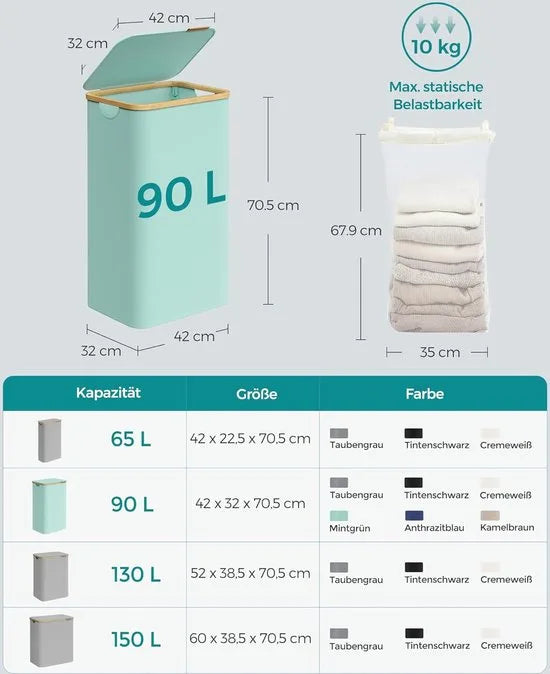 FurnStar - Wasmand met deksel - wasverzamelaar 90 l - uitneembare waszak - Oxford-weefsel - handgrepen van bamboe - inklapbaar - 42 x 32 x 70,5 cm - Mintgroen