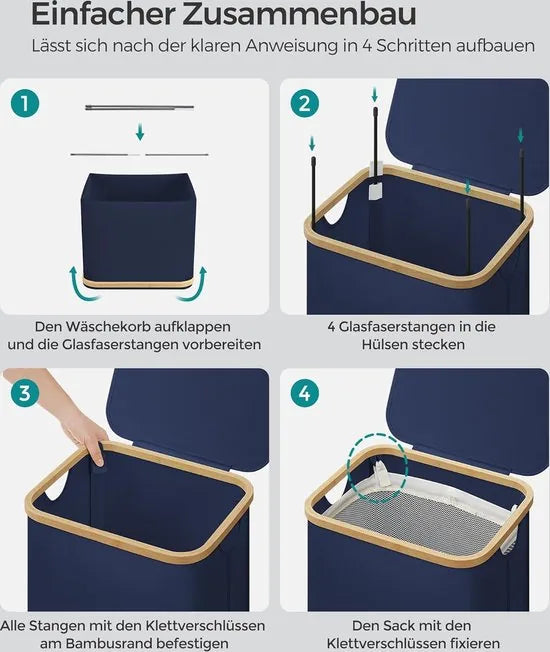 FurnStar - Wasmand met deksel - wasverzamelaar 90 l - uitneembare waszak - Oxford-weefsel - handgrepen van bamboe - inklapbaar - 42 x 32 x 70,5 cm - Antracietblauw