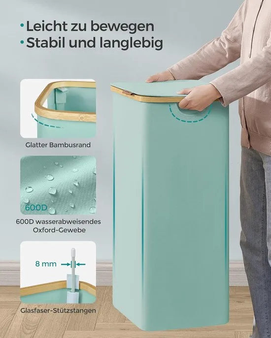 FurnStar - Wasmand met deksel - wasverzamelaar 90 l - uitneembare waszak - Oxford-weefsel - handgrepen van bamboe - inklapbaar - 42 x 32 x 70,5 cm - Mintgroen