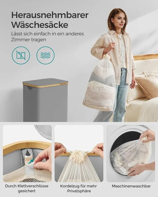 FurnStar - Wasmand met deksel - wasverzamelaar 90 l - uitneembare waszak - Oxford-weefsel - handgrepen van bamboe - inklapbaar - 42 x 32 x 70,5 cm - duifgrijs