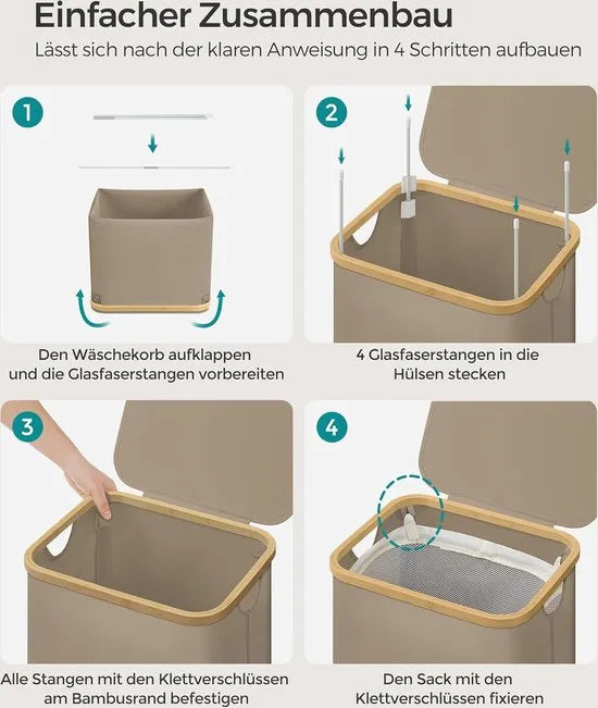 FurnStar - Wasmand met deksel - wasverzamelaar 90 l - uitneembare waszak - Oxford-weefsel - handgrepen van bamboe - inklapbaar - 42 x 32 x 70,5 cm - camelbruin