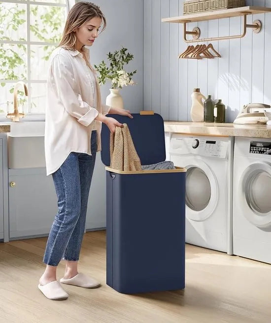 FurnStar - Wasmand met deksel - wasverzamelaar 90 l - uitneembare waszak - Oxford-weefsel - handgrepen van bamboe - inklapbaar - 42 x 32 x 70,5 cm - Antracietblauw