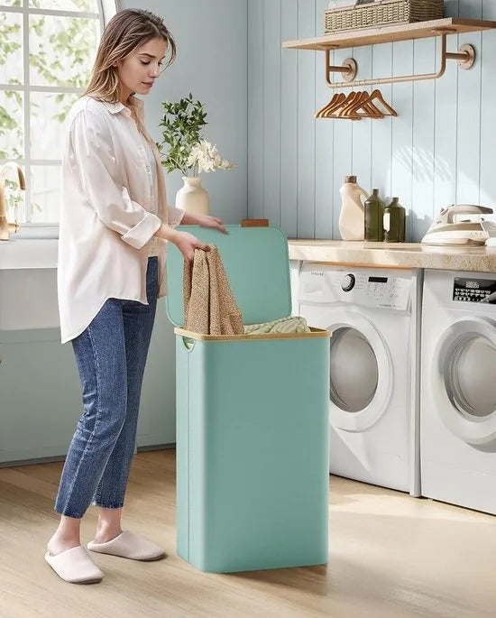 FurnStar - Wasmand met deksel - wasverzamelaar 90 l - uitneembare waszak - Oxford-weefsel - handgrepen van bamboe - inklapbaar - 42 x 32 x 70,5 cm - Mintgroen