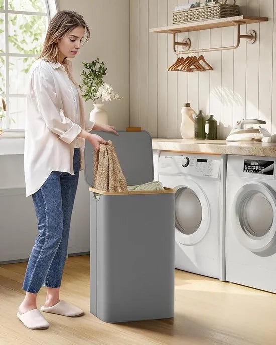 FurnStar - Wasmand met deksel - wasverzamelaar 90 l - uitneembare waszak - Oxford-weefsel - handgrepen van bamboe - inklapbaar - 42 x 32 x 70,5 cm - duifgrijs