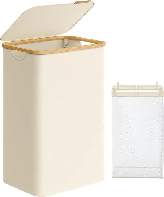 FurnStar- Wasmand - met deksel - wasverzamelaar 90 liter - uitneembare waszak - Oxford-weefsel - handgrepen van bamboe - inklapbaar - 42 x 32 x 70,5 cm - cremewit