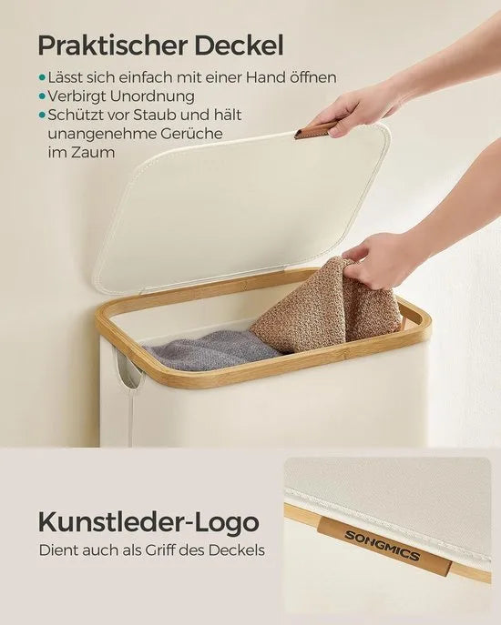 FurnStar- Wasmand - met deksel - wasverzamelaar 90 liter - uitneembare waszak - Oxford-weefsel - handgrepen van bamboe - inklapbaar - 42 x 32 x 70,5 cm - cremewit