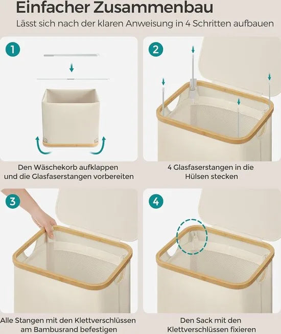 FurnStar- Wasmand - met deksel - wasverzamelaar 90 liter - uitneembare waszak - Oxford-weefsel - handgrepen van bamboe - inklapbaar - 42 x 32 x 70,5 cm - cremewit