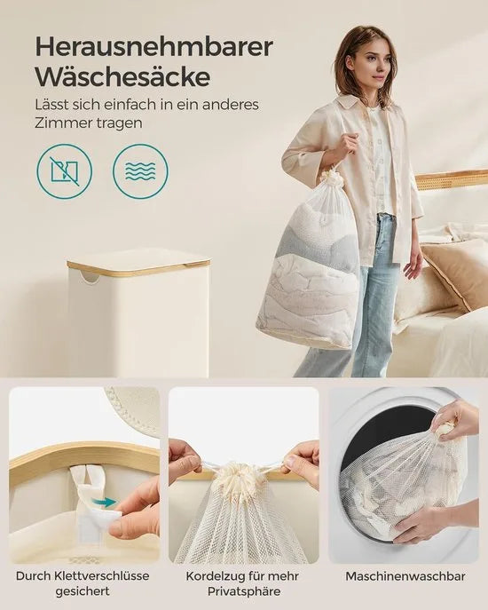 FurnStar- Wasmand - met deksel - wasverzamelaar 90 liter - uitneembare waszak - Oxford-weefsel - handgrepen van bamboe - inklapbaar - 42 x 32 x 70,5 cm - cremewit