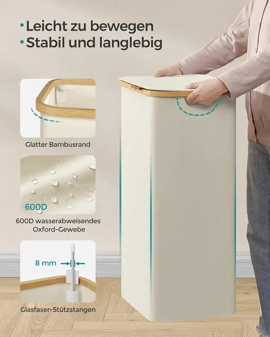 FurnStar- Wasmand - met deksel - wasverzamelaar 90 liter - uitneembare waszak - Oxford-weefsel - handgrepen van bamboe - inklapbaar - 42 x 32 x 70,5 cm - cremewit