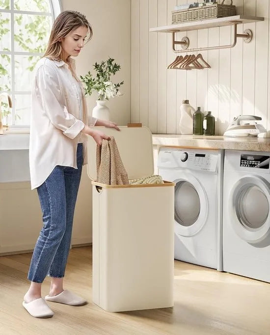 FurnStar- Wasmand - met deksel - wasverzamelaar 90 liter - uitneembare waszak - Oxford-weefsel - handgrepen van bamboe - inklapbaar - 42 x 32 x 70,5 cm - cremewit