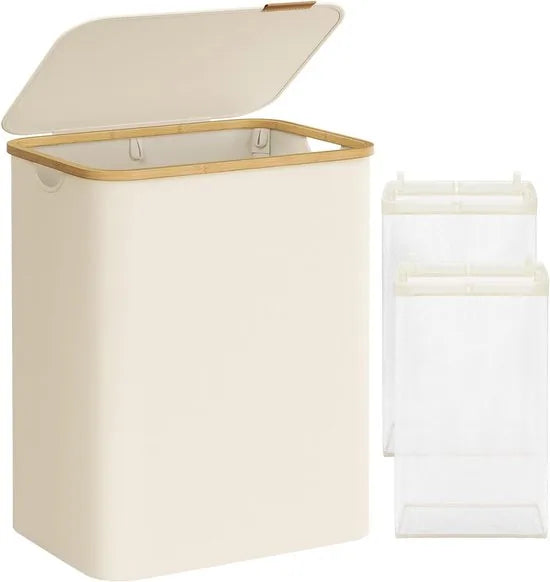 FurnStar - Wasmand met deksel - Wasverzamelaar met 2 vakken - 130 Lt - Uitneembare waszak - Oxford-weefsel - Handgrepen van bamboe - Inklapbaar - 52 x 38,5 x 70,5 cm - cremewit