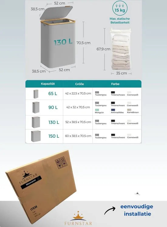 FurnStar - Wasmand met deksel - Wasverzamelaar met 2 vakken - 130 Lt - Uitneembare waszak - Oxford-weefsel - Handgrepen van bamboe - Inklapbaar - 52 x 38,5 x 70,5 cm - duifgrijs