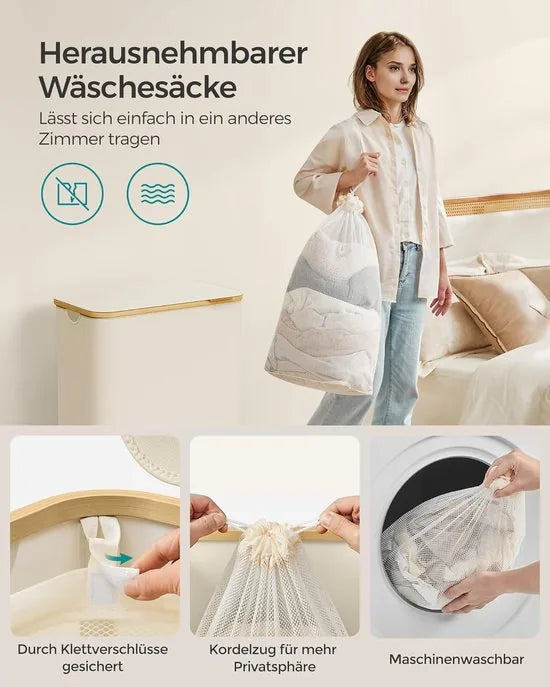 FurnStar - Wasmand met deksel - Wasverzamelaar met 2 vakken - 130 Lt - Uitneembare waszak - Oxford-weefsel - Handgrepen van bamboe - Inklapbaar - 52 x 38,5 x 70,5 cm - cremewit
