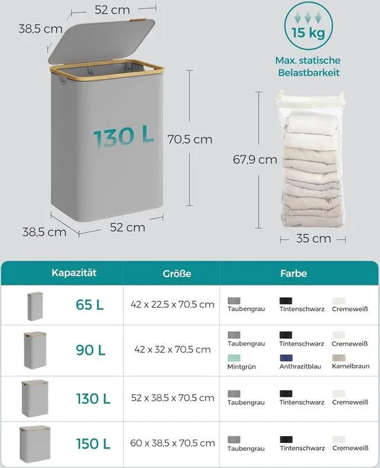FurnStar - Wasmand met deksel - Wasverzamelaar met 2 vakken - 130 Lt - Uitneembare waszak - Oxford-weefsel - Handgrepen van bamboe - Inklapbaar - 52 x 38,5 x 70,5 cm - duifgrijs