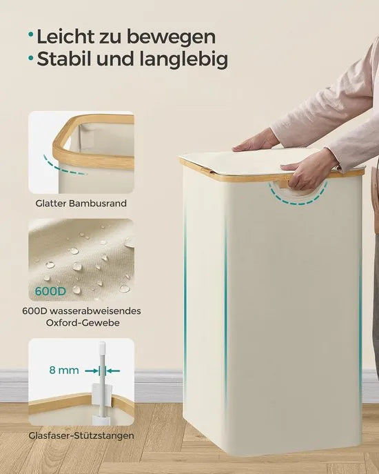 FurnStar - Wasmand met deksel - Wasverzamelaar met 2 vakken - 130 Lt - Uitneembare waszak - Oxford-weefsel - Handgrepen van bamboe - Inklapbaar - 52 x 38,5 x 70,5 cm - cremewit