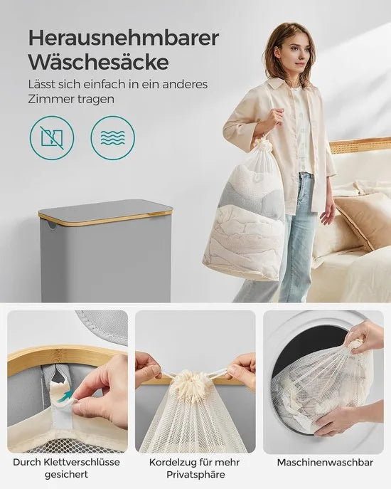 FurnStar - Wasmand met deksel - Wasverzamelaar met 2 vakken - 130 Lt - Uitneembare waszak - Oxford-weefsel - Handgrepen van bamboe - Inklapbaar - 52 x 38,5 x 70,5 cm - duifgrijs