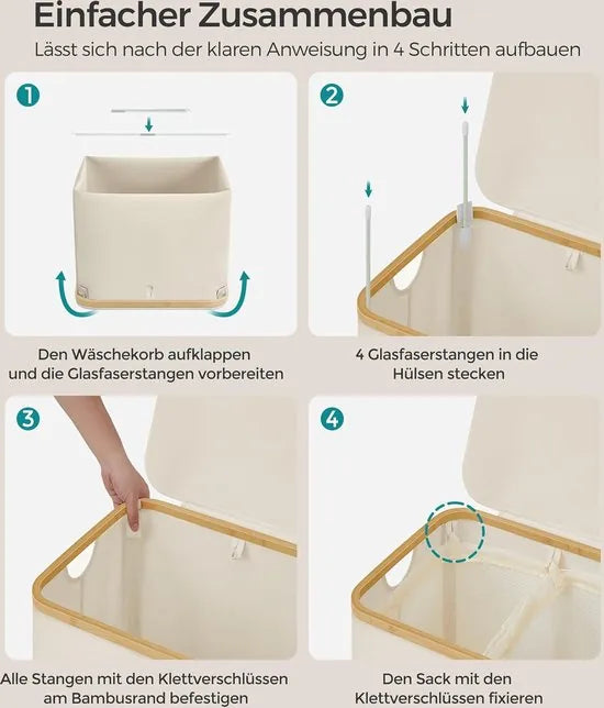 FurnStar - Wasmand met deksel - Wasverzamelaar met 2 vakken - 130 Lt - Uitneembare waszak - Oxford-weefsel - Handgrepen van bamboe - Inklapbaar - 52 x 38,5 x 70,5 cm - cremewit