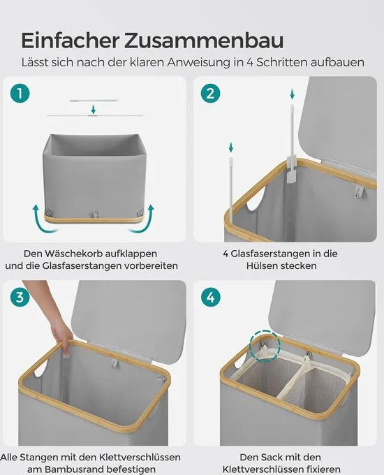 FurnStar - Wasmand met deksel - Wasverzamelaar met 2 vakken - 130 Lt - Uitneembare waszak - Oxford-weefsel - Handgrepen van bamboe - Inklapbaar - 52 x 38,5 x 70,5 cm - duifgrijs
