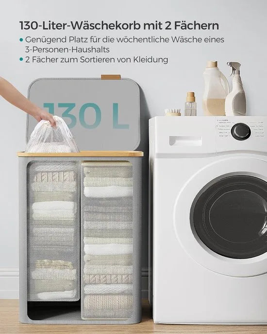 FurnStar - Wasmand met deksel - Wasverzamelaar met 2 vakken - 130 Lt - Uitneembare waszak - Oxford-weefsel - Handgrepen van bamboe - Inklapbaar - 52 x 38,5 x 70,5 cm - duifgrijs