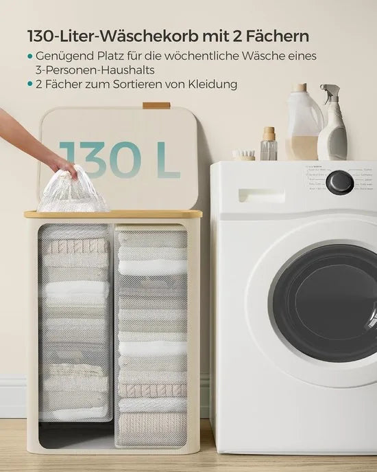 FurnStar - Wasmand met deksel - Wasverzamelaar met 2 vakken - 130 Lt - Uitneembare waszak - Oxford-weefsel - Handgrepen van bamboe - Inklapbaar - 52 x 38,5 x 70,5 cm - cremewit