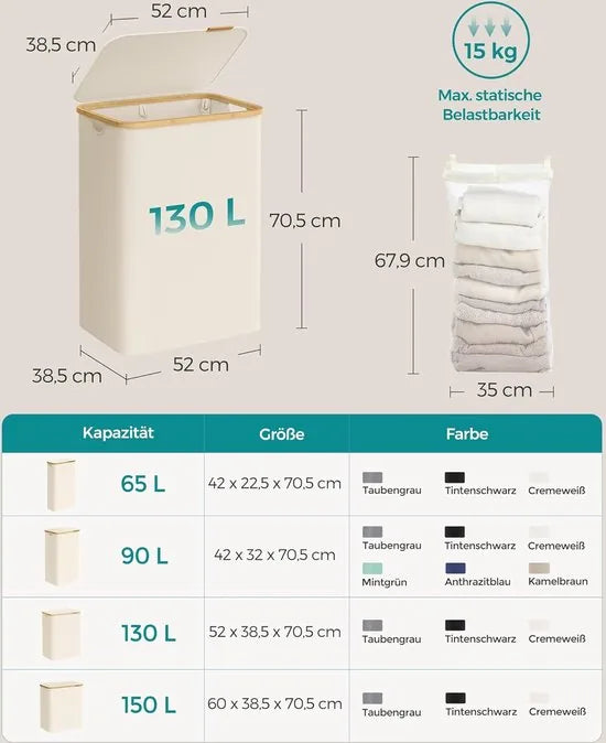 FurnStar - Wasmand met deksel - Wasverzamelaar met 2 vakken - 130 Lt - Uitneembare waszak - Oxford-weefsel - Handgrepen van bamboe - Inklapbaar - 52 x 38,5 x 70,5 cm - cremewit