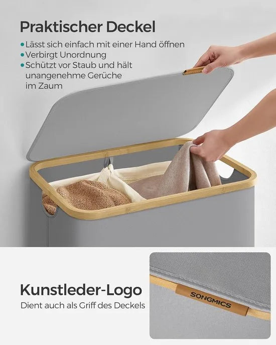 FurnStar - Wasmand met deksel - Wasverzamelaar met 2 vakken - 130 Lt - Uitneembare waszak - Oxford-weefsel - Handgrepen van bamboe - Inklapbaar - 52 x 38,5 x 70,5 cm - duifgrijs