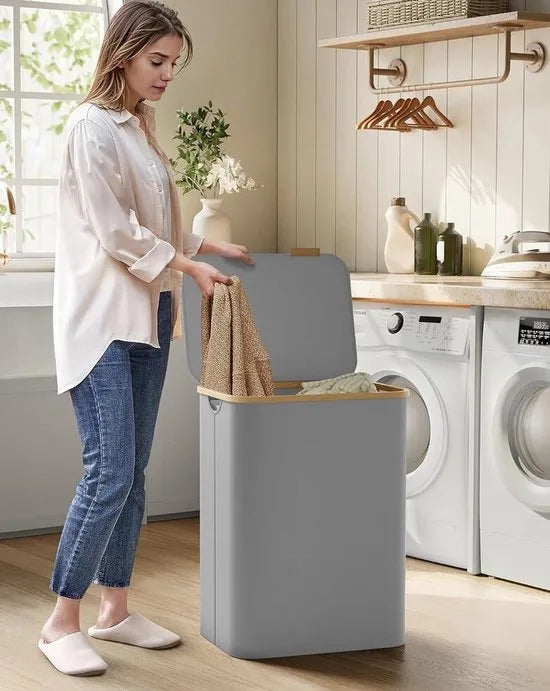 FurnStar - Wasmand met deksel - Wasverzamelaar met 2 vakken - 130 Lt - Uitneembare waszak - Oxford-weefsel - Handgrepen van bamboe - Inklapbaar - 52 x 38,5 x 70,5 cm - duifgrijs