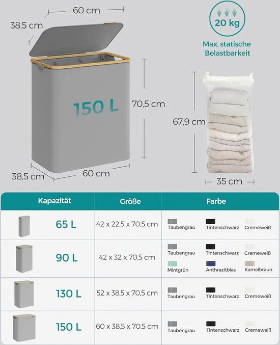 FurnStar - Wasmand met deksel - Wasverzamelaar met 3 vakken - 130 Lt - Uitneembare waszak - Oxford-weefsel - Handgrepen van bamboe - Inklapbaar - 60 x 38,5 x 70,5 cm - duifgrijs