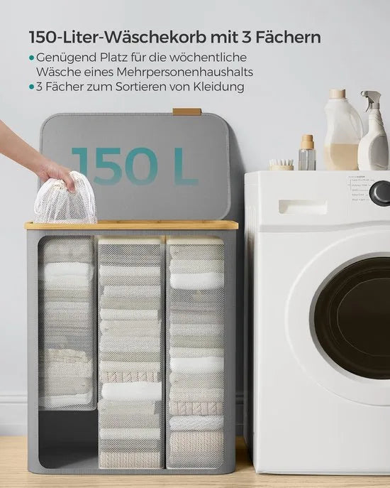 FurnStar - Wasmand met deksel - Wasverzamelaar met 3 vakken - 130 Lt - Uitneembare waszak - Oxford-weefsel - Handgrepen van bamboe - Inklapbaar - 60 x 38,5 x 70,5 cm - duifgrijs