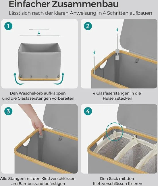 FurnStar - Wasmand met deksel - Wasverzamelaar met 3 vakken - 130 Lt - Uitneembare waszak - Oxford-weefsel - Handgrepen van bamboe - Inklapbaar - 60 x 38,5 x 70,5 cm - duifgrijs
