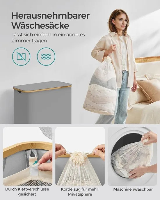 FurnStar - Wasmand met deksel - Wasverzamelaar met 3 vakken - 130 Lt - Uitneembare waszak - Oxford-weefsel - Handgrepen van bamboe - Inklapbaar - 60 x 38,5 x 70,5 cm - duifgrijs