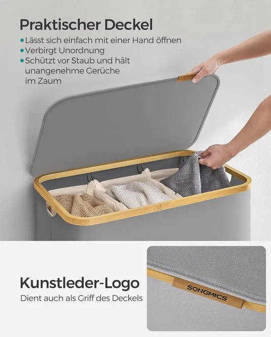 FurnStar - Wasmand met deksel - Wasverzamelaar met 3 vakken - 130 Lt - Uitneembare waszak - Oxford-weefsel - Handgrepen van bamboe - Inklapbaar - 60 x 38,5 x 70,5 cm - duifgrijs