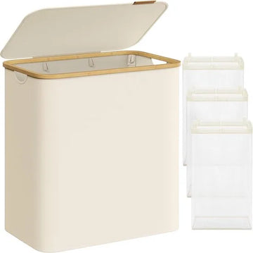 FurnStar - Wasmand met deksel - Wasverzamelaar met 3 vakken - 150 Lt - Uitneembare waszak - Oxford-weefsel - Handgrepen van bamboe - Inklapbaar - 60 x 38,5 x 70,5 cm - cremewit